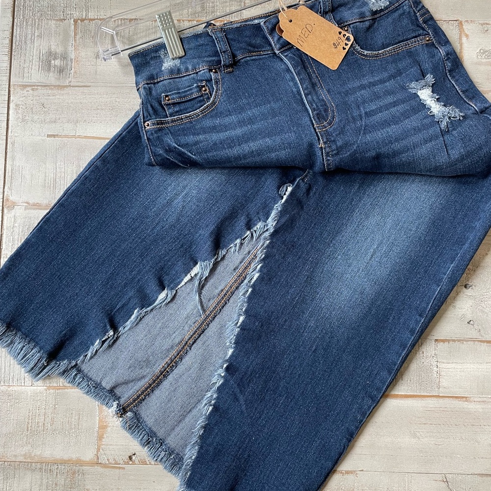 NEW LA BIJOU  Distressed Denim Skirt front slit soft denim